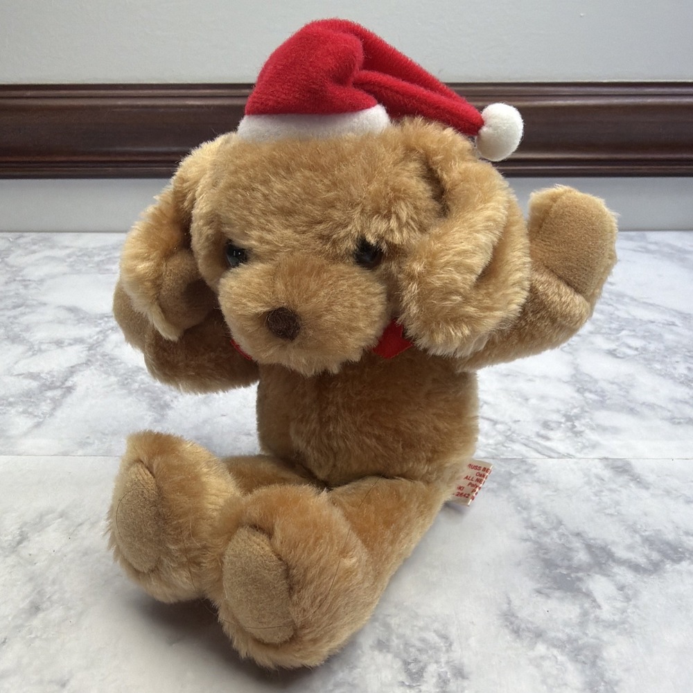 Vintage Russ Christmas Puppy Dog Santa Hat 7" Plush Stuffed Animal Soft Toy